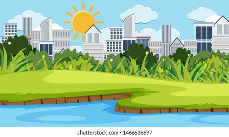 Escena al aire libre con ilustración de rascacielos