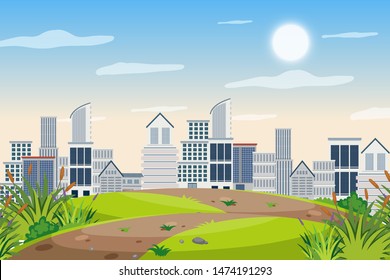 An outdoor scene with skyscraper illustration