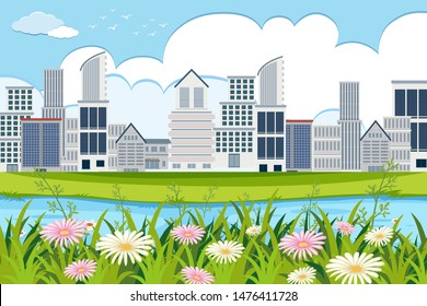 An outdoor scene with skyscraper illustration