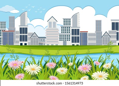 An outdoor scene with skyscraper illustration