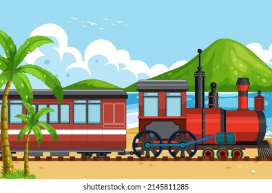 Outdoor scene with a steam locomotive train  illustration