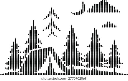 Outdoor scenery including pine trees mountains and flying birds rendered in circular halftone pattern technique.