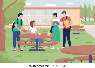 Outdoor School Dining Flat Color Vector Illustration. Friends Eat Together. Backyard Space For Eating. Student Meeting For Lunch Time 2D Cartoon Characters With College Outside On Background