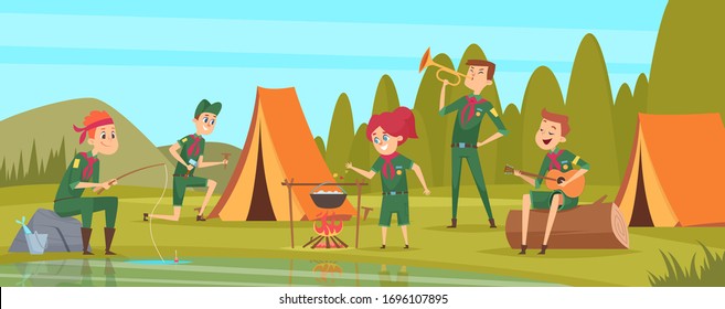 Outdoor scouts. Teacher studying little rangers survive in wild tree group of scouts in uniform sitting in camp events vector characters