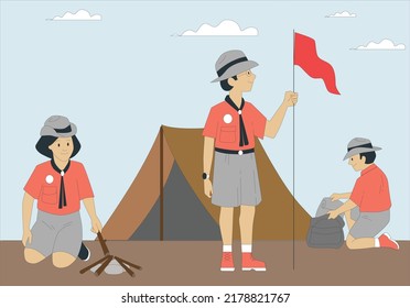 Outdoor scouts. Teacher studying little rangers survive in wild tree group of scouts in uniform sitting in camp events vector characters. Little boy and girl go hiking on a forest road