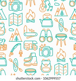 Outdoor seamless pattern with thin line icons: mountains, backpack, uncle boots, kettle, axe, map, swiss knife, canoe, camera, fishing rod, binoculars. Modern vector illustration.