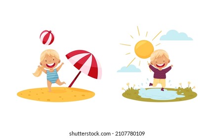 Outdoor seasonal activities set. Cute kids having fun on the beach and walking on puddles vector illustration