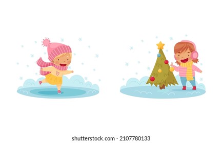 Outdoor seasonal activities set. Cute kids skating on rink and and decorating fir tree vector illustration
