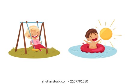 Outdoor seasonal activities set. Cute kids swinging and swimming enjoying summer season vector illustration