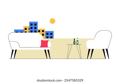 Outdoor Seating Area With Chairs And Table On Balcony, Flat Vector Illustration Symbolizing Relaxation, Urban Living, And Leisure, Isolated On White Background