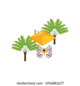 Outdoor seats and table under yellow tent and tropical trees isometric vector illustration