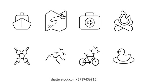 Outdoor set icon. Ship, map, medkit, campfire, skewers, mountains, bike, duck, trail, hiking, camping, grill, travel, health, recreation