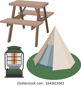 Outdoor set. Tent, lamp and table