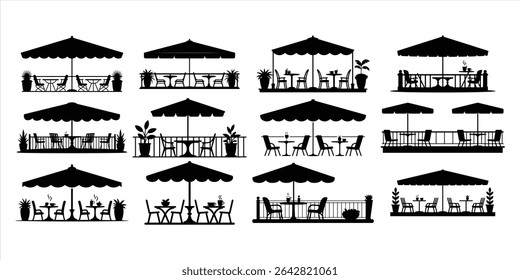 outdoor café set vector silhouette on white background.