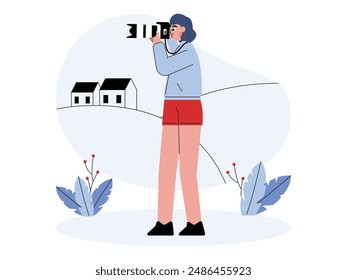 Outdoor shooting by female photographer using professional camera, vector illustration.