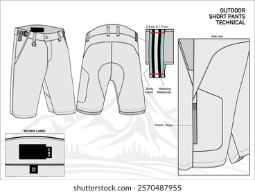 Outdoor Short Pants Technical Mockup Vector with Description