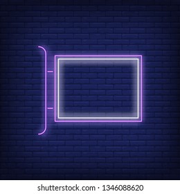 Outdoor signboard neon sign. Glowing neon trip pointer and sun on brick wall background. Vector illustration can be used for road, trip, travelling