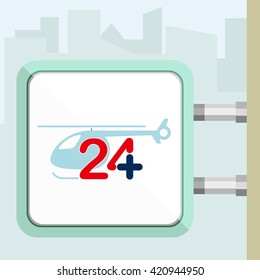 Outdoor signboard of twenty four hours available medical help. Helicopter rescue. Flat trendy modern vector illustration. 