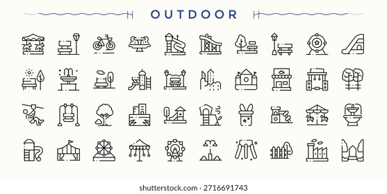 Outdoor simple icon set. Recreation icon set. Isolated icons. Contains such icons as outdoor, infrastructure, recreation, park, landscape and more. Vector illustration. Pixel perfect.