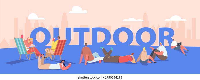 Outdoor Sparetime Concept. People Spend Time Open Air Walking in Park, Relaxing on Chaise Longue. Male and Female Characters Relaxing Activity Poster, Banner or Flyer. Cartoon Vector Illustration