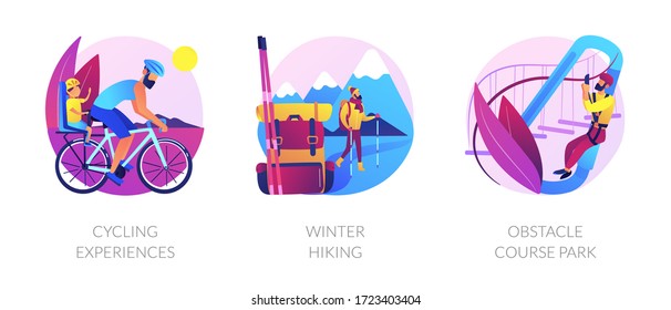 Outdoor sport activities icons set. Cycling experiences, winter hiking, obstacle course park metaphors. Training, exercising, trekking. Vector isolated concept metaphor illustrations