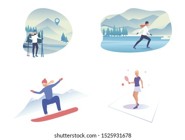 Outdoor sport activities illustration set. Woman skating, snowboarding, skiing, playing tennis. Sport concept. Vector illustration for posters, banners, flyers