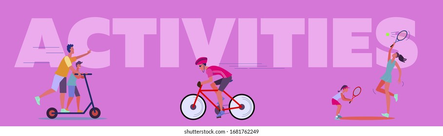 Outdoor sport activities set. People playing tennis, jogging, riding bike, scooter in city park. Flat vector illustrations. Lifestyle, sport concept for banner, website design or landing web page