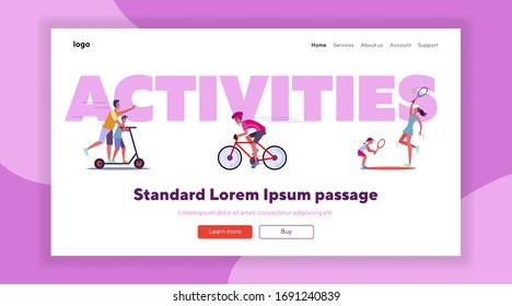 Outdoor sport activities set. People playing tennis, jogging, riding bike, scooter in city park. Flat vector illustrations. Lifestyle, sport concept for banner, website design or landing web page