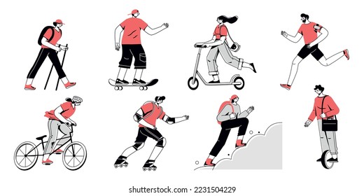 Outdoor sport activities. Young people jogging and cycling. . Active and healthy lifestyle. Vector illustration in flat design.