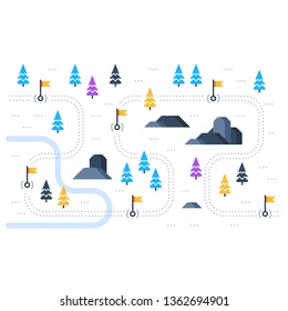 Outdoor sport activity, forest trekking, trail map with flags, countryside landscape, hiking itinerary, vector flat illustration