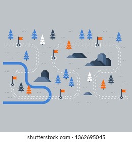 Outdoor sport activity, forest trekking, trail map with flags, countryside landscape, hiking itinerary, vector flat illustration