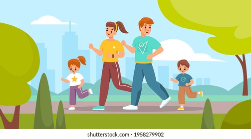 Outdoor sport activity. Happy family on park jogging, parents and children engaged running, mother father and kids fitness training, active leisure healthy lifestyle vector concept