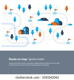 Outdoor sport activity, trail map with flags, countryside hike, trekking landscape, hiking itinerary, vector flat illustration