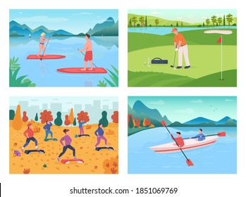 Outdoor sport flat color vector illustration set. Fitness training. Golf player. Kayaker team. Sportsman and sportswoman 2D cartoon characters with seasonal landscape on background collection