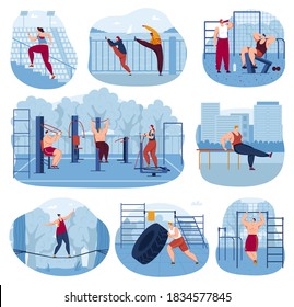 Outdoor sport gym vector illustration set. Cartoon flat healthy lifestyle activity collection with athletic sportsman people doing workout fitness exercises or gymnastics in street park playground