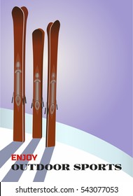 Outdoor sports concept. Freehand cartoon retro style poster. Mountain skis on snowy hill. Design idea to enjoy active lifestyle resort place. Vector holiday season banner background. Place for text