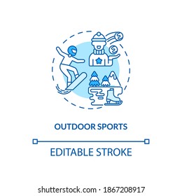 Outdoor sports concept icon. SAD treatment idea thin line illustration. Increased activity levels. Skiing and rock climbing. Vector isolated outline RGB color drawing. Editable stroke