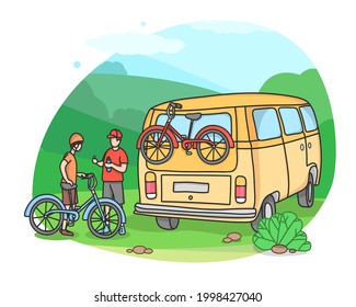 Outdoor sports. Cycling in the forest. Men with bicycles and a van on the background of a natural landscape. Vector illustration in the doodle style.
