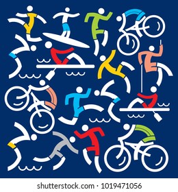 Outdoor sports fitness icons background. 
Illustration of colorful fitness and outdoor sports symbols on dark blue background.Vector available.