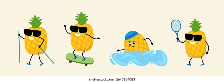 Esportes ao ar livre. fitness. abacaxi - natação, tênis. skate. nórdico caminhando Cartoon, Happy Avocado. ilustração vetorial em um estilo plano.