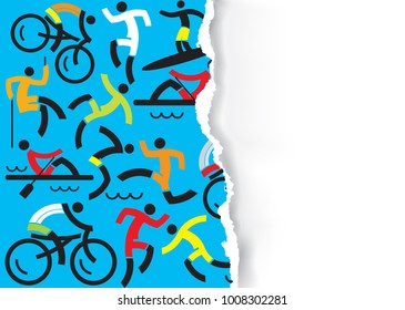 Outdoor sports icons ripped paper background. 
Illustration of torn paper background with fitness and outdoor sports icons.Vector available