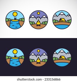 Outdoor Sports Landscape Nature Logo Template Set. Kayaking, Tourism, Tent, Mountains, Wood and River.