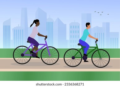 Outdoor sports and leisure activities, people riding bicycle vector illustration, person bicycles in the park, outdoor sport, fresh air in the city