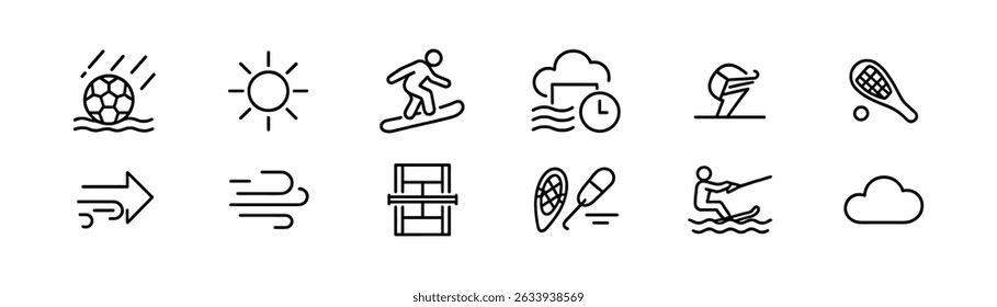 Outdoor sports linear icon set - line, recreation and adventure symbols for activities