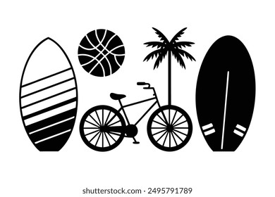 Deportes al aire libre Arte de la Ilustración vectorial: Bicicletas, Patinetas, Tablas de surf, Paddleboards, Voleibol - Dibujos animados, Clipart, Diseño de arte de línea