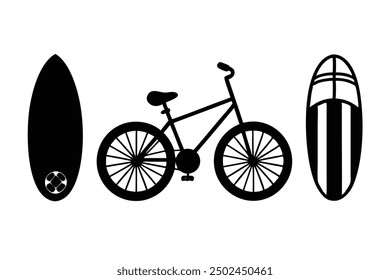 Deportes al aire libre Arte de la Ilustración vectorial: Bicicletas, Patinetas, Tablas de surf, Paddleboards, Voleibol - Dibujos animados, Clipart, Diseño de arte de línea