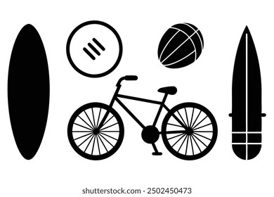 Deportes al aire libre Arte de la Ilustración vectorial: Bicicletas, Patinetas, Tablas de surf, Paddleboards, Voleibol - Dibujos animados, Clipart, Diseño de arte de línea