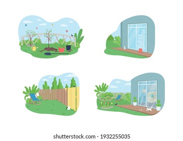 Outdoor spring cleaning 2D vector web banner, poster set. Outside suburban home flat scene on cartoon background. Garden maintenance printable patch, colorful web element collection