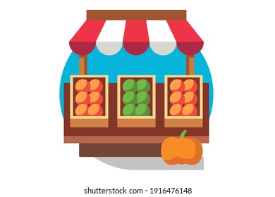 Outdoor stall with fresh vegetables and fruits. Flat design vector illustration isolated on white background.