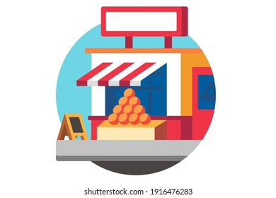 Outdoor stall with fresh vegetables and fruits. Flat design vector illustration isolated on white background.